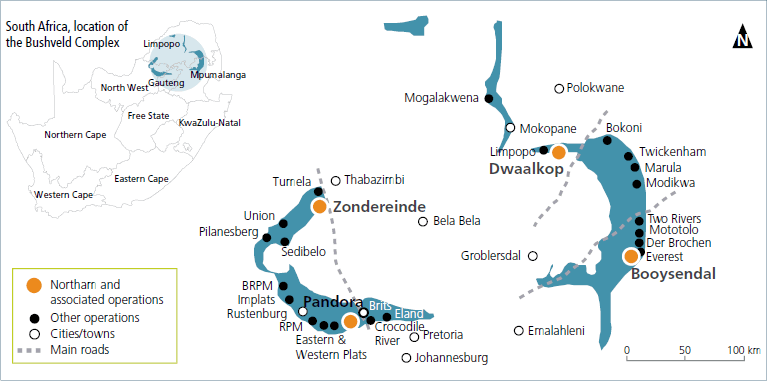 Bushveld location indicating current PGM mining operations [Operations map]